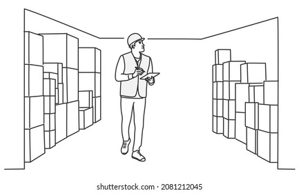 Man surrounded by boxes on shelves. Warehouse of the logistics delivery service. Hand drawn vector illustration. Black and white.