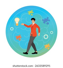 A man surrounded by brain mechanisms, light bulbs, and puzzle pieces symbolizing mind fitness, ideas, innovation, and problem-solving. Brain activity concept.