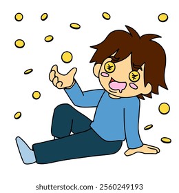 A man surrounded by coins and happy