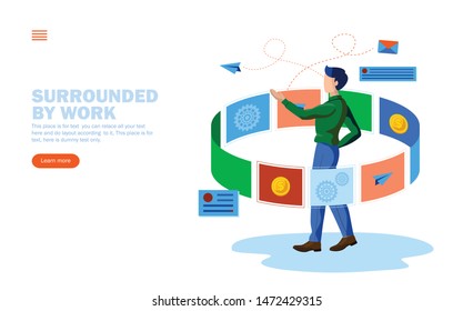 man surrounded by digital work vector illustration concept