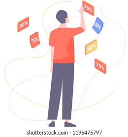 A man surrounded by discount icons. Commerce, marketing, sales, shopping. Trend illustration for banners and websites.