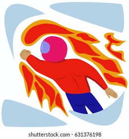 The man surrounded by flame in helmet on white background. Flat design illustration 