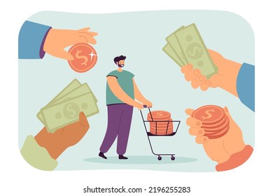 Mann umgeben von Händen mit Geld flache Vektorgrafik. Reiche männliche Figur, die den Trolley mit Goldmünzen trägt. Finanzen, Wohlstand, Erfolgskonzept für Banner, Website-Design oder Landing-Website