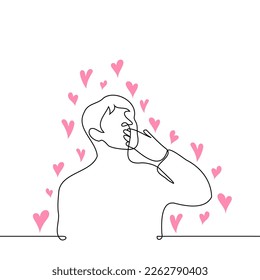 man surrounded by hearts kisses his palm to blow kiss    one line drawing vector  concept lover  flirt  seducer