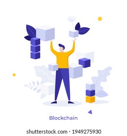 Man surrounded by levitating cubes or cubic blocks. Concept of blockchain technology, decentralized and distributed cryptographic system used for digital transactions. Modern flat vector illustration.