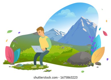 Man surrounded by mountains and greenery vector, distant worker male with laptop working online. Natural environment, foliage and tranquil look flat style