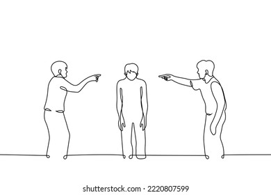 man is surrounded by people pointing fingers at him - one line drawing vector. concept bullying