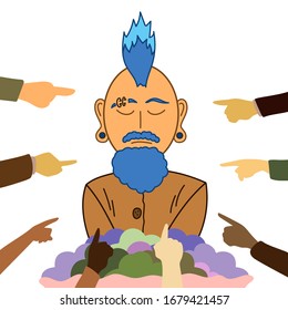 A man is surrounded by people who point a finger at him on a white background. Criticism, humiliation, condemnation of a freak, harassment, guilt, public pressure. Vector flat cartoon illustration.