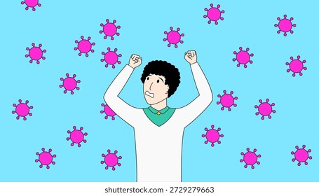 Un hombre está rodeado por una nube púrpura de virus. Él está sonriendo y es feliz