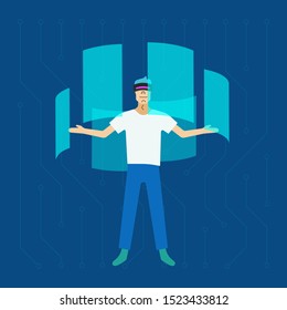 A man surrounded by screens. Augmented reality. Vector illustartion