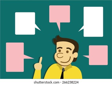 man surrounded by speech balloons