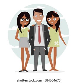 Man surrounded by two beautiful girls. Successful businessman in a suit, macho and handsome. Illustration attractive guy on vacation.