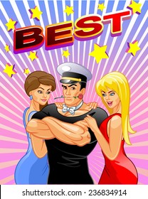 man surrounded by two girls