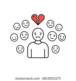 Man surrounded by various sad emoticons