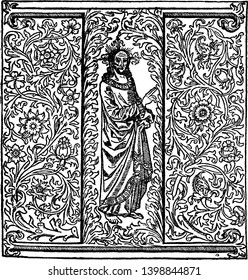 A man surrounded by vines and flowers, vintage line drawing or engraving illustration