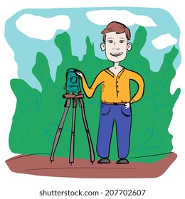 Man surveyor with total station, flat design illustration
