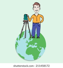 Man surveyor with total station, flat design illustration