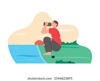 Um homem sobrevive quando se perde na floresta, bebendo água de um lago. Design de caracteres. Ilustração em plano vetorial