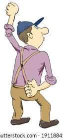 Man in suspenders and cap. Vector cartoon.