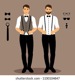 A man with suspenders. The groom. Clothing. Wedding men's suit, tuxedo. Vector illustration