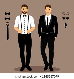 A man with suspenders. The groom. Clothing. Wedding men's suit, tuxedo. Vector illustration