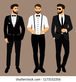 A man with suspenders. The groom. Clothing. Wedding men's suit, tuxedo. Vector illustration