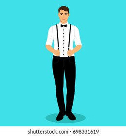 A man with suspenders. The groom. Clothing. Wedding men's suit, tuxedo Vector illustration