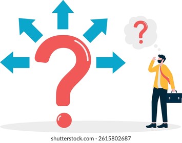 Man suspiciously looking at question marks on the ground, This is a set of business illustrations


