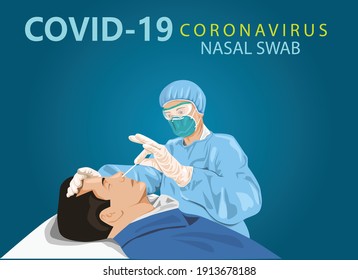 A man is swabbed for a Covid-19 test. to speed corona virus testing,a new type of nasal swab. info graphics vector illustration creative.	