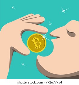 The man swallows a coin. Vector illustration.