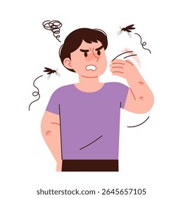 Um homem está expelindo mosquitos irritantes. Uma pessoa picada por um mosquito.
