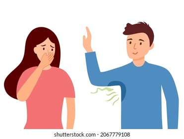 Man sweat armpit and smelly. Woman cover her nose from disgusting smell. Bad smell underarm concept vector illustration on white background.