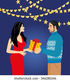 a man in a sweater gives a gift a beautiful woman in a red dress