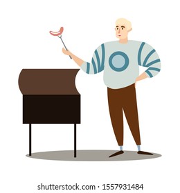 Man in sweater holding grilled sausage barbecue vector illustration