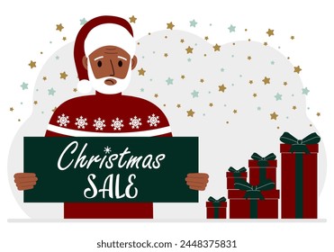 A man in a sweater and a red Santa hat holds a poster with the text about Christmas sale in his hand. Vector flat illustration