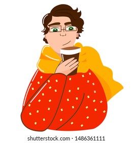  
A man in a sweater and scarf warm up in the cold season with coffee in his hands. Isolated object. Stock vector illustration.