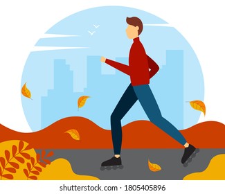 Man in a sweater skating on roller skates in the Park. Vector autumn illustration in flat style.