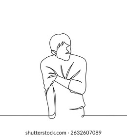 man in sweater standing and scratching his shoulder - one line art vector. concept after vaccination, scabies, bite effects, anxiety. Handmade vector not AI
