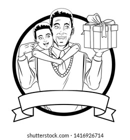 Man with sweater and tie carrying a boy with a gift box wrapped ribbon and a bow in black and white vector illustration graphic design.