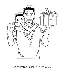 Man with sweater and tie carrying a boy with a gift box wrapped ribbon and a bow in black and white vector illustration graphic design.