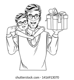 man with sweater, tie and glasses carrying a boy wearing glasses with a gift box wrapped with a ribbon and a bow in black and white vector illustration graphic design