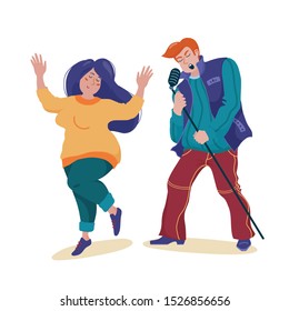 Man in sweater and vest singing into microphone like a rock music star and chubby woman dancing happily with closed eyes, flat style vector illustration isolated on white background