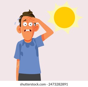 
Man Sweating in Hot Weather Vector Cartoon illustration. Unhappy dizzy guy suffering a heat stroke during summertime 
