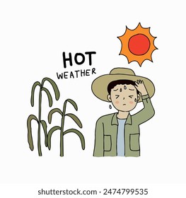Mann schwitzt, Sonnenbrand von der Sonne. Bauer im heißen Wetter. Handgezeichnete Stil-Vektorillustration.