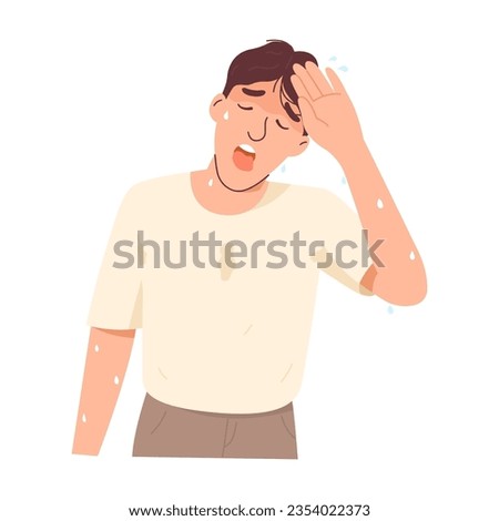 Man sweating, sunburnt from the sun. Sunny weather. Male character with his hands wiping sweat. modern trendy style. Hand drawn vector character illustration. Isolated on white background.