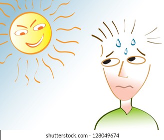 A man sweating under an angry sun depicting a heat wave or a very hot summer day.