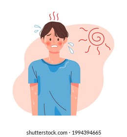 A man sweats under the sunny weather. Summer heat vector illustration.