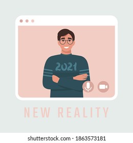 Man in a sweatshirt with the inscription 2021 in a video call frame as a symbol of a new reality. Flat vector illustration