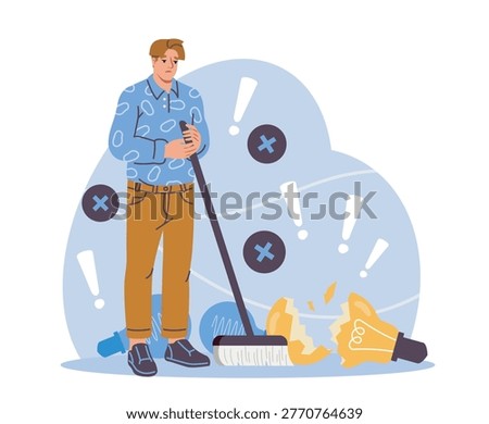 Man sweeping broken lightbulb pieces in cartoon style on soft abstract background, concept of mistake and failure, scene symbolizing regret and responsibility. Hand-drawn vector illustration