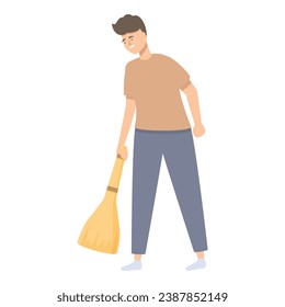 Man with sweeping broom icon cartoon vector. Cleaning house roof. Household hygiene routine.